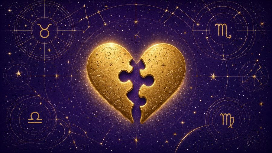 Glowing golden heart among the stars, symbolising compatibility between two souls