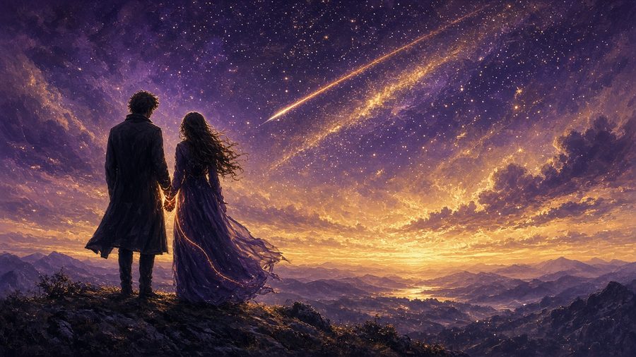 A couple gazing up together at a shooting star across a purple night sky