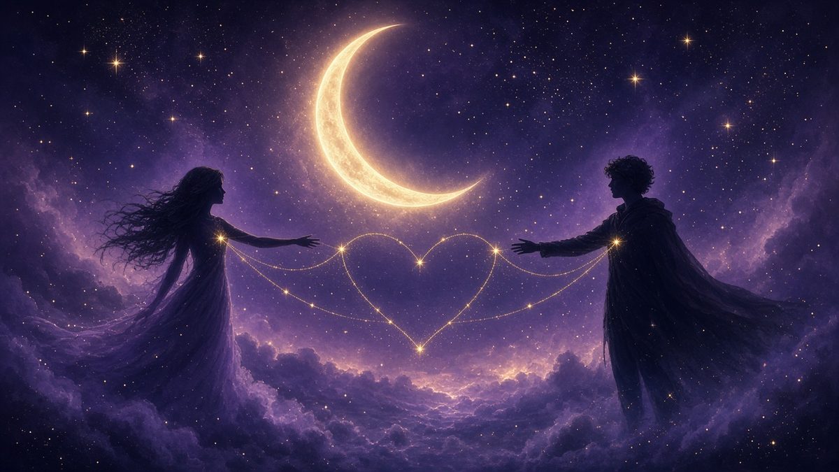 Two soulmates silhouetted beneath a glowing crescent moon in a starry purple sky