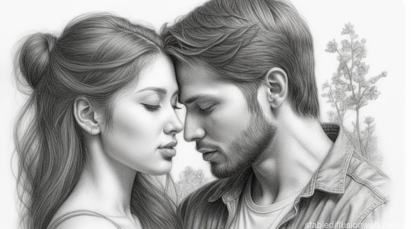 A hand-drawn soulmate portrait of two people forehead to forehead