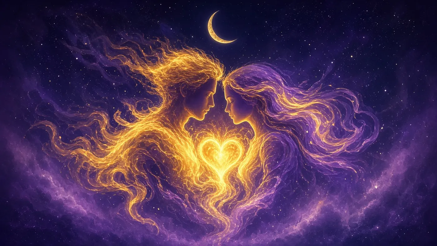 Twin flames: two glowing lovers made of golden and violet flame meeting at a heart under a crescent moon